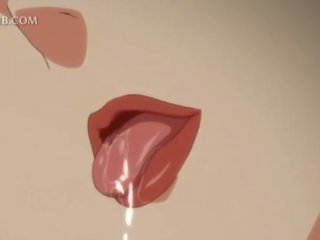Innocent anime young female fucks big pecker between tits and cunt lips